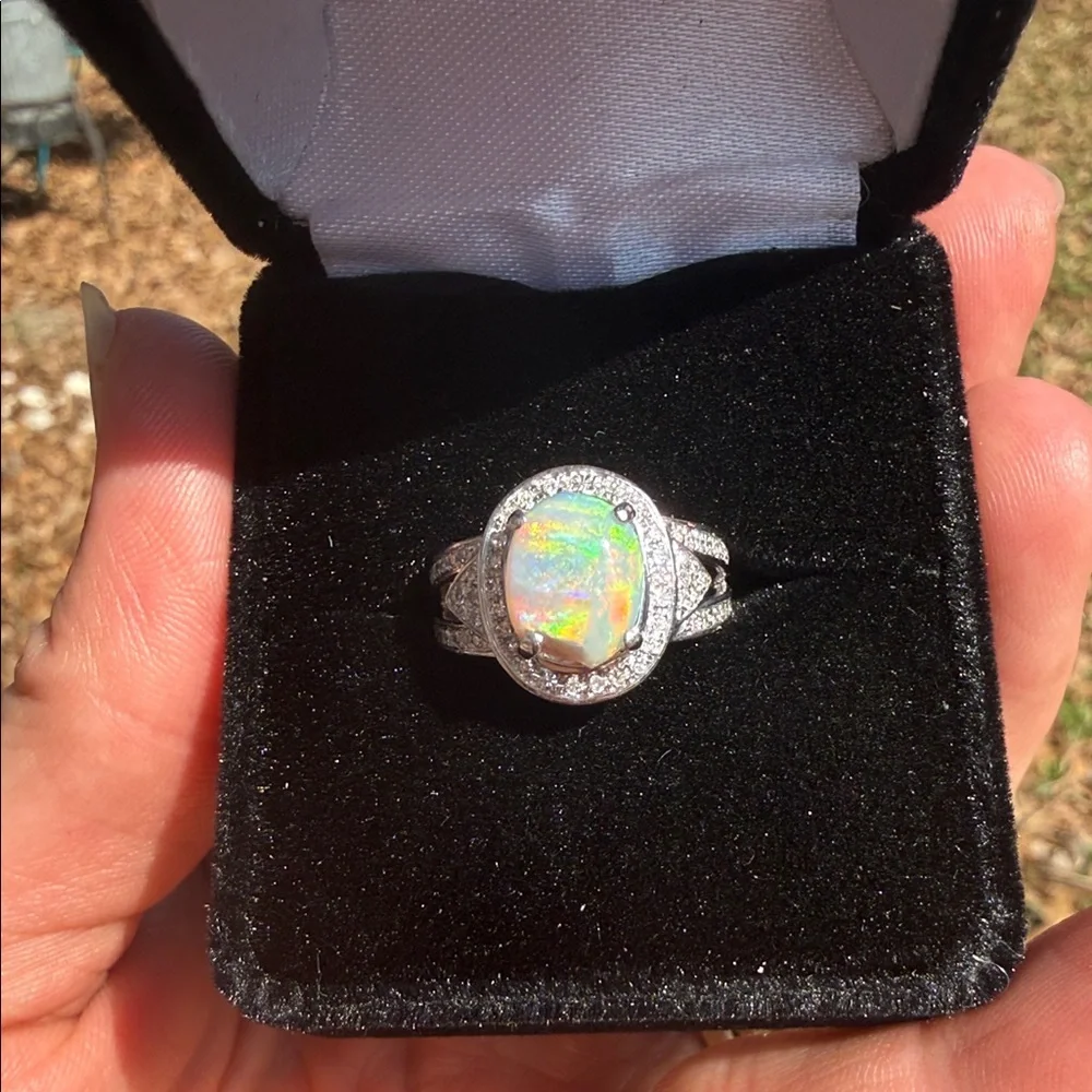 Natural Opal and Diamond Ring 14k White Gold - Picture 5 of 17